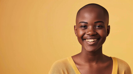 A woman with a shaved head is smiling, cancer patient with chemotherapy