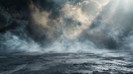 Smokey background with concrete floor depicted as a scene from a fantasy novel