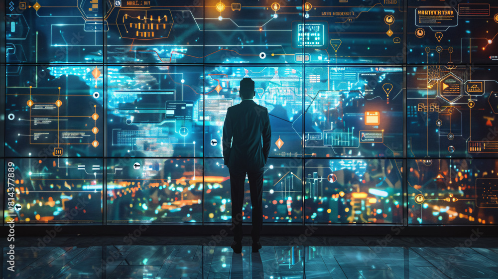 Poster a businessman stands in front of a large digital screen displaying interconnected nodes and icons re