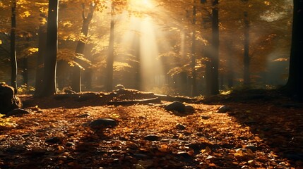 A tranquil forest scene with a carpet of vibrant autumn leaves covering the forest floor, illuminated by shafts of golden sunlight.