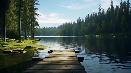 A tranquil lake nestled among towering pine trees, with a wooden pier stretching out into the...