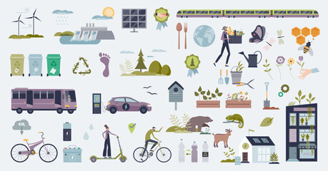 Green infrastructure and smart eco friendly lifestyle tiny person collection set. Labeled elements with sustainable transportation using environmental and renewable power sources vector illustration.