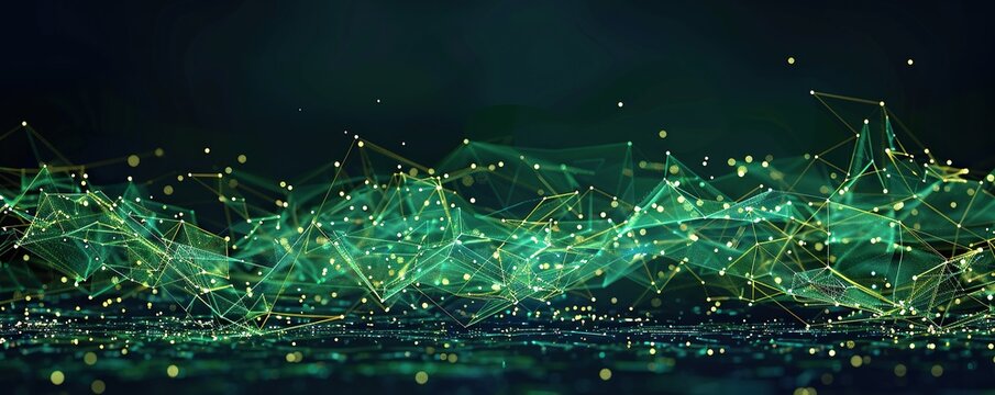 A wide horizontal backdrop of neon green and soft gold plexus connections