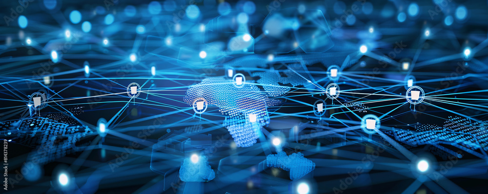 Poster a high-tech depiction of a global business structure, showcasing the intricate network of data excha
