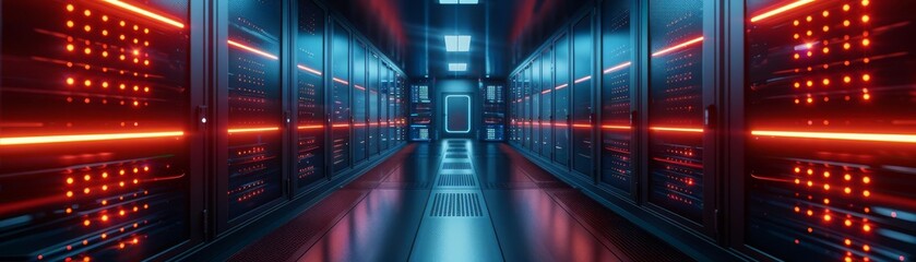 Fototapeta premium Military quantum computing facility conducting encryption tests, front view, testing cryptographic strength, advanced tone, Complementary Color Scheme