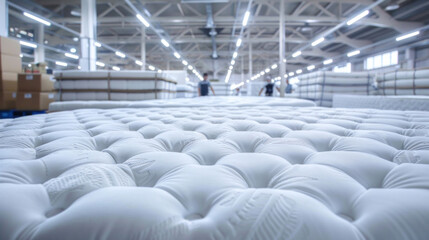 Fototapeta premium Inside the industrial factory, a sea of white mattresses is arranged with precision, manufacturing.