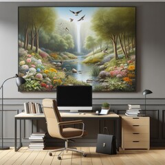 A desk with a computer and a painting on the wall image art photo attractive has illustrative...