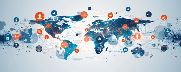 A sophisticated graphic illustrating the global business structure of networking, with visual elements representing analysis, data exchange, customer connection, HR recruitment, and global