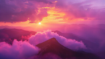 Smoky mountain sunset, vibrant pink and orange clouds into purple mists