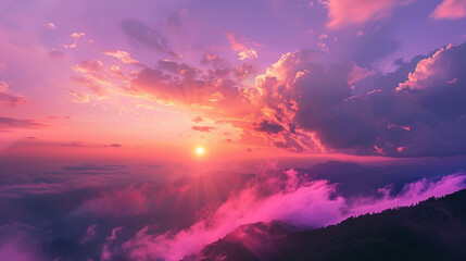 Naklejka premium Smoky mountain sunset, vibrant pink and orange clouds into purple mists