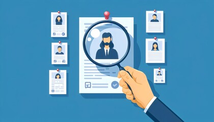 the essence of the recruitment process, depicting a hand holding a magnifying glass over a resume. It illustrates the precision and attention to detail that goes into evaluating potential candidates