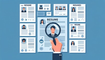 a recruitment process, where a hand holding a magnifying glass methodically examines a variety of resumes