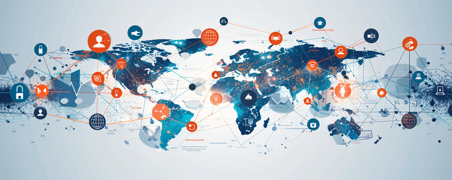 A sophisticated graphic illustrating the global business structure of networking, with visual elements representing analysis, data exchange, customer connection, HR recruitment, and global