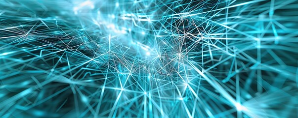 Obraz premium A wide horizontal canvas of cyan and silver plexus lines forming an intricate network pattern