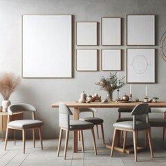 Fototapeta premium A dining Room with a template mockup poster empty white and with a table and chairs image art art attractive.