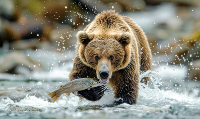 A focused brown bear is splashing through a river, probably catching fish. Generate AI