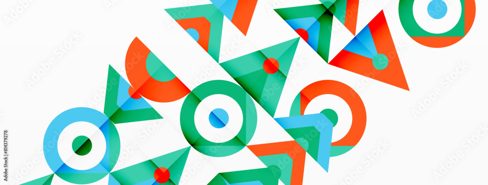 Poster a vibrant mix of triangles and circles in electric blue, forming a captivating pattern on a white ba