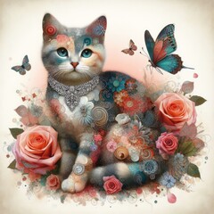A cat with flowers and butterflies realistic lively has illustrative meaning used for printing illustrator.