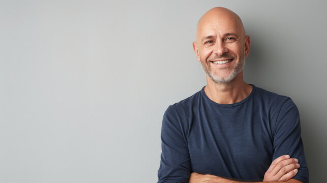 A woman with a shaved head is smiling, cancer patient with chemotherapy