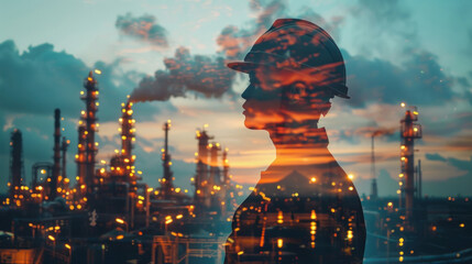 Double exposure, the silhouette of an engineer adorned in a safety helmet emerges against the backdrop of an oil plant, symbolizing the fusion of industrial expertise and safety protocols.