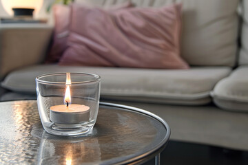 Obraz na płótnie Canvas A simple glass tealight candle on a minimalist metal table, with a blush pink pillow on a Scandinavian style sofa in the background.
