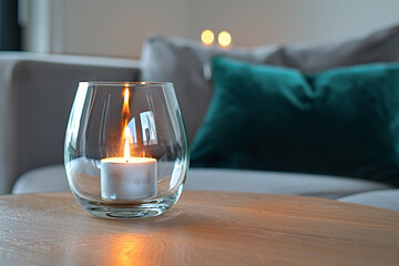A sleek glass candle emitting a soft glow on a wooden table, with a teal velvet pillow on a gray...