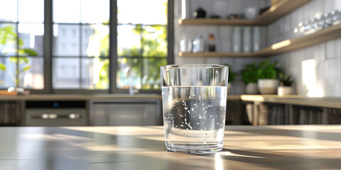  Clean water in small glass on table, 