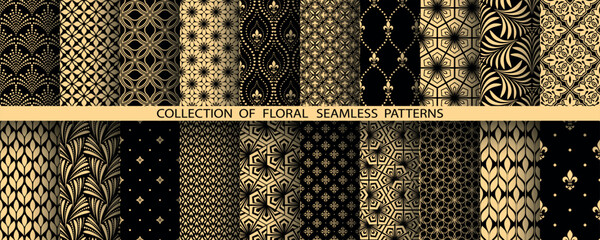Geometric floral set of seamless patterns. Golden and black vector backgrounds. Damask graphic ornaments