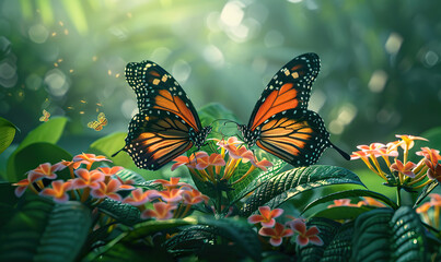Vibrant butterflies amidst lush hibiscus and greenery. Generate AI