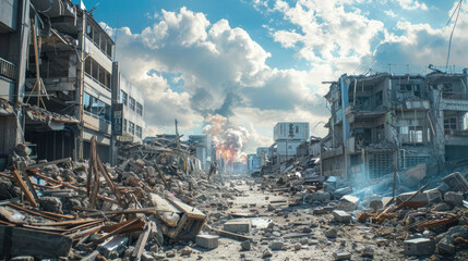 Cityscape of Ruined Buildings Post-Earthquake