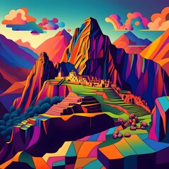 Colorful and Psychedelic Machu Picchu with mountain background