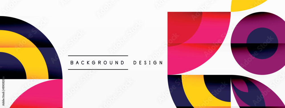 Poster An artistic composition featuring a set of colorful geometric shapes including rectangles, triangles, circles in magenta, tint, and shade, resembling automotive lighting on a white background