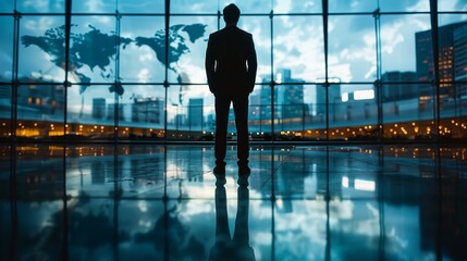 Fototapeta premium Successful businessman looking out to the metropolis through glass window from the high rise office