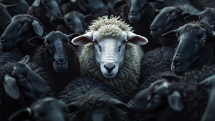 a group of black sheep surrounding a white sheep