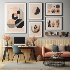 A Room with a template mockup poster empty white and with a desk and a couch image art realistic used for printing.