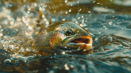 Close-Up of a Jumping Rainbow Trout in the Lake