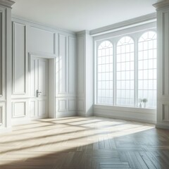 Fototapeta premium A Room with a template mockup poster empty white and with white walls and a wood floor art realistic used for printing.