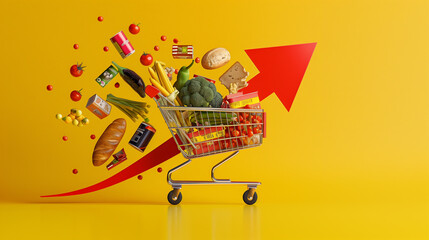 Shopping Cart Full of Groceries on Yellow Background