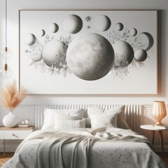 Bedroom sets have template mockup poster empty white with a large picture on the wall art realistic photo lively has illustrative meaning.