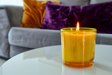 A vibrant yellow glass candle on a high-gloss white lacquer table, with a deep purple crushed velvet pillow on a contemporary grey sofa in the background.