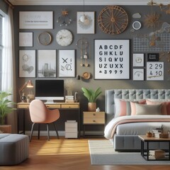 Bedroom sets have template mockup poster empty white with Bedroom interior and a desk image art lively has illustrative meaning card design.