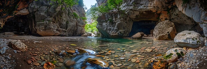 Mountain river gorge near Panta Vrexei in Evritania in Greece realistic nature and landscape