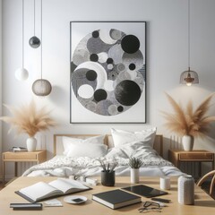 Bedroom sets have template mockup poster empty white with Bedroom interior and a table with books and a painting on the wall art photo photo lively.