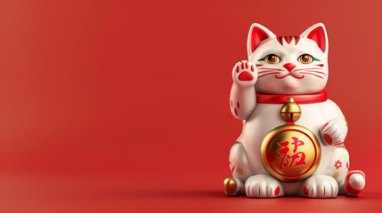Traditional Japanese lucky cat figurine waving on a red background, symbolizing good luck and prosperity. Concept of cultural symbols and financial fortune.