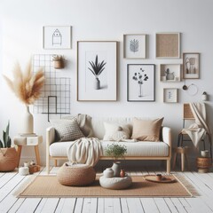 living room with a template mockup poster empty white and With Couch And Pictures On The Wall image art harmony lively card design.