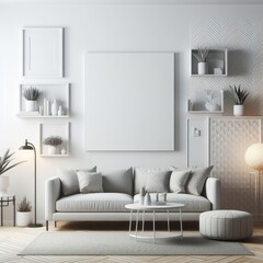 living room with a template mockup poster empty white and With Couch And Table standardscalex image art attractive lively used for printing.