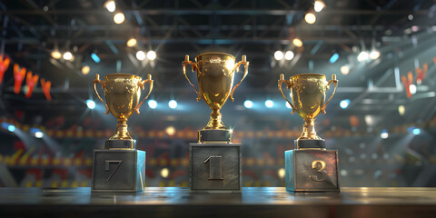 Shimmering Stage 3d Render Of Trophy Trio In Gold Silver And Bronze Background.