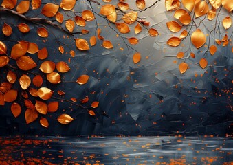 tree orange leaves yellowish deep covered fallen coherent gold silver shapes rippling liquid bubbly scenery thin strokes