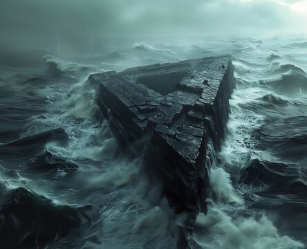 ship ocean large waves sky still frame titan ruins landscape horror entertainment floating runes drain