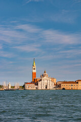 Venice, Italy. Cover page with beautiful Church of San Giorgio Maggiore and its Bell Tower at...